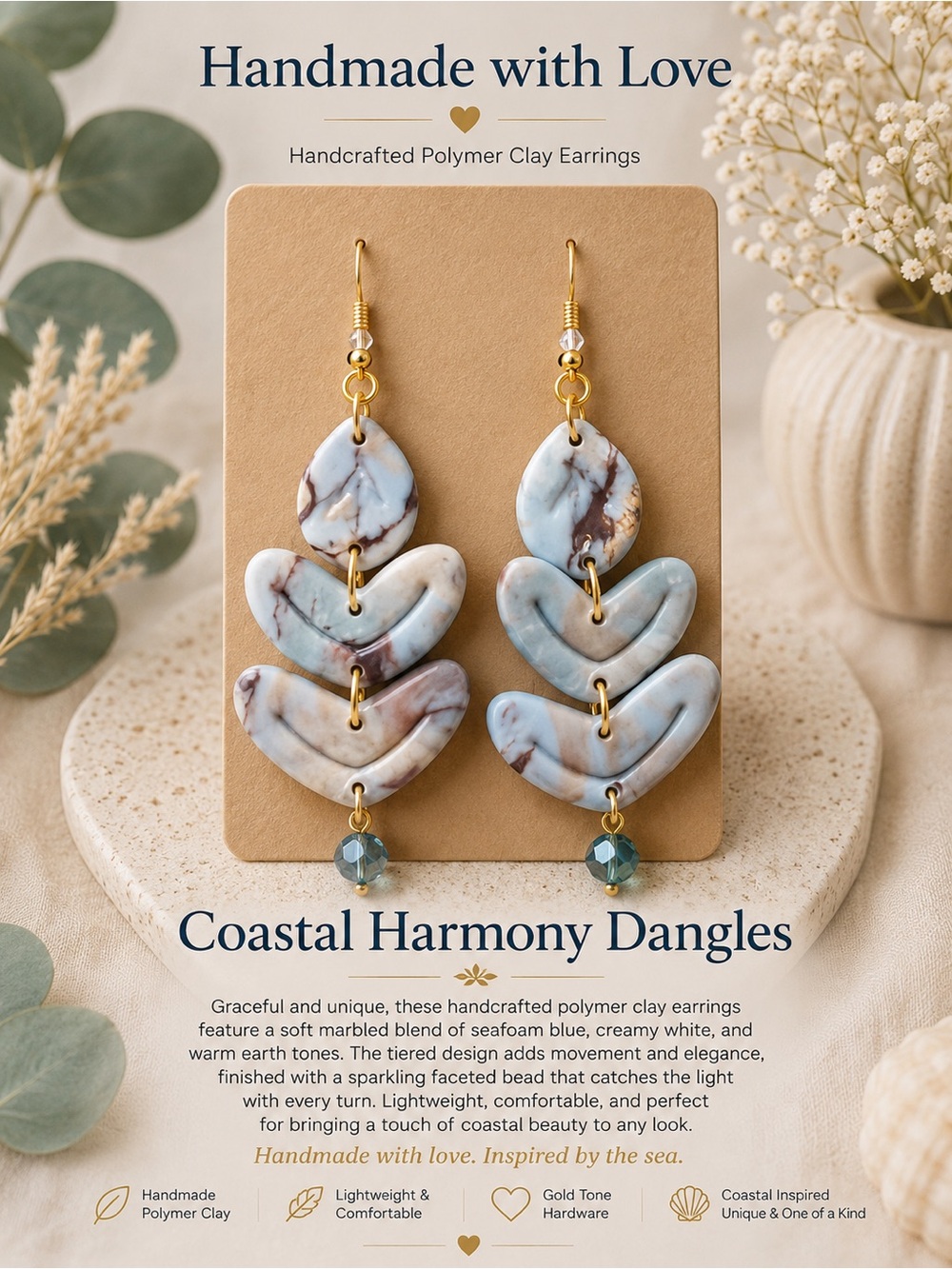 Coastal Harmony Dangle Earrings - Seafoam Blue, Cream & Brown